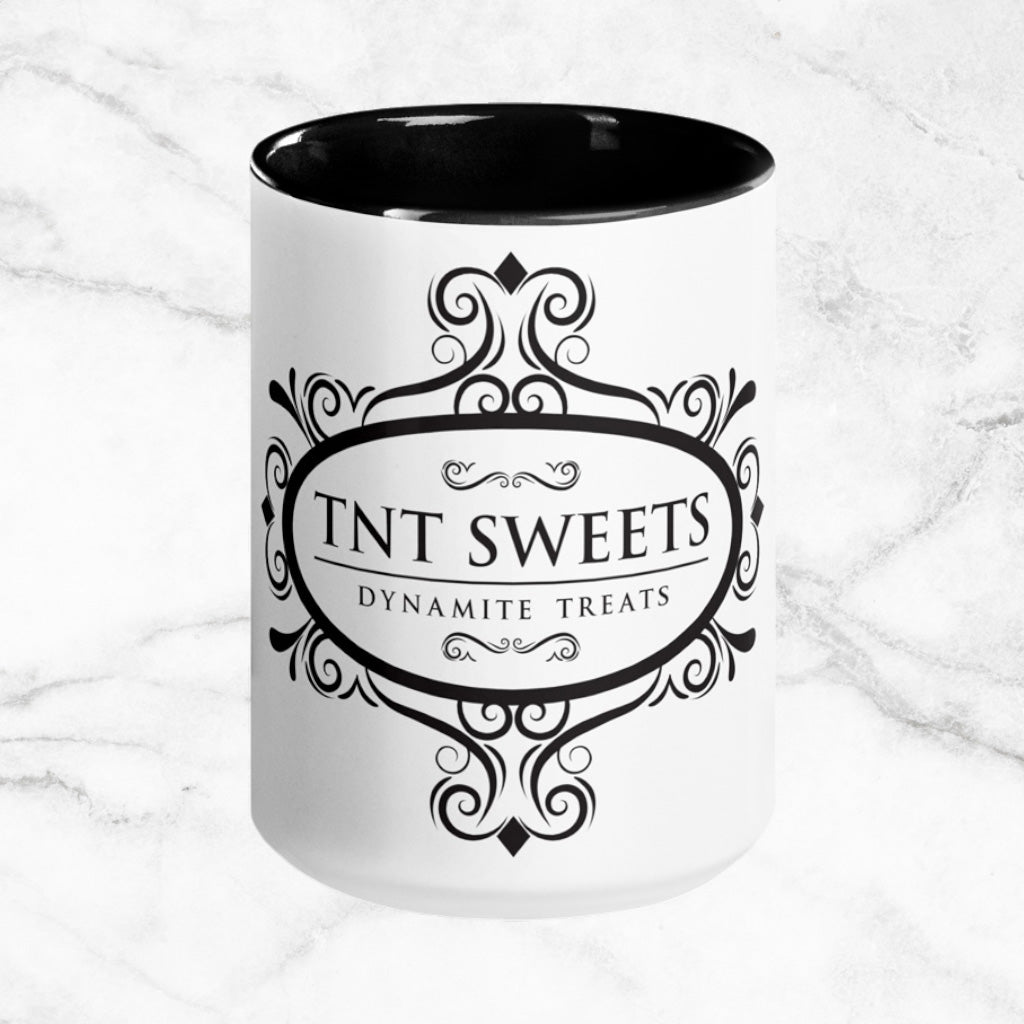 Classic white 15oz ceramic mug with a black logo on a white marble countertop.