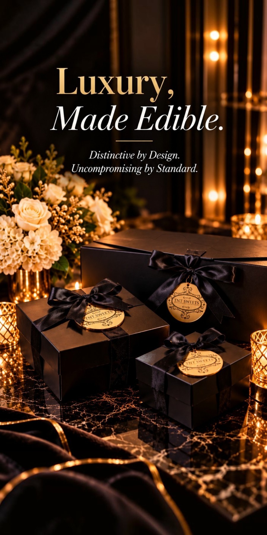 TNT Sweets luxury black keepsake and Signature Presentation gift boxes with gold medallions, styled on black marble with warm candlelight and ivory florals.