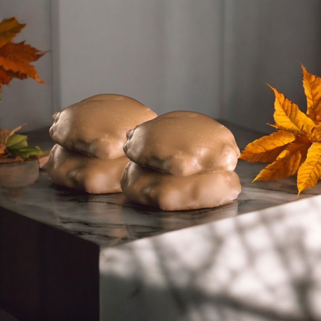 Two milk chocolate turtles on a marble countertop with fall leaves in the background.