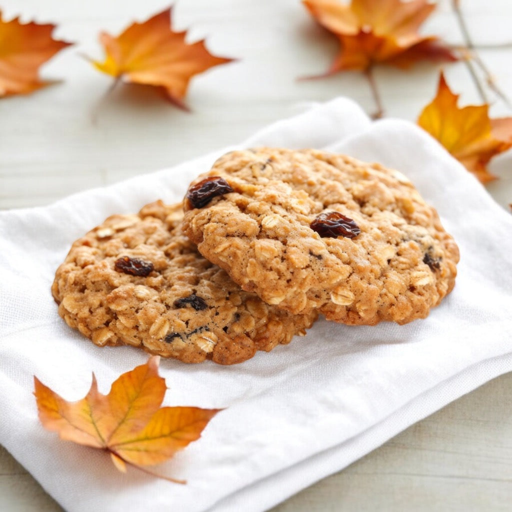 Two Oatmeal Raisin cookie on a linen napkin with scattered fall leaves.