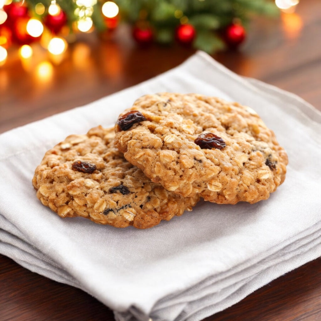 Two Cranberry Oatmeal Raisin cookie on a linen napkin with blurred holiday decor.