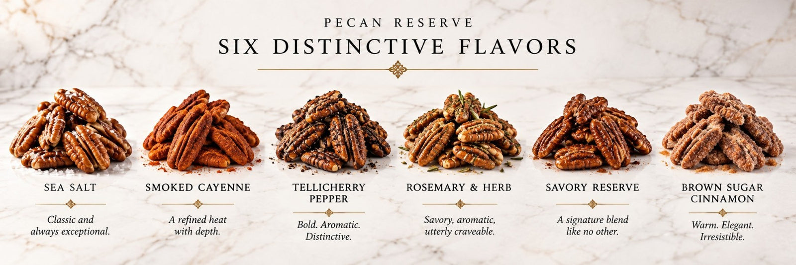TNT Sweets palette of six pecan flavors including Sea Salt, Smoked Cayenne, Tellicherry Pepper, Rosemary & Herb, Savory Reserve and Brown Sugar Cinnamon.