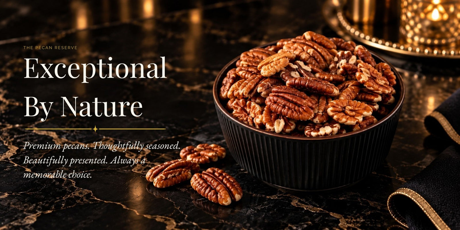 TNT Sweets Pecan Reserve pecans in a black bowl on black and gold marble.