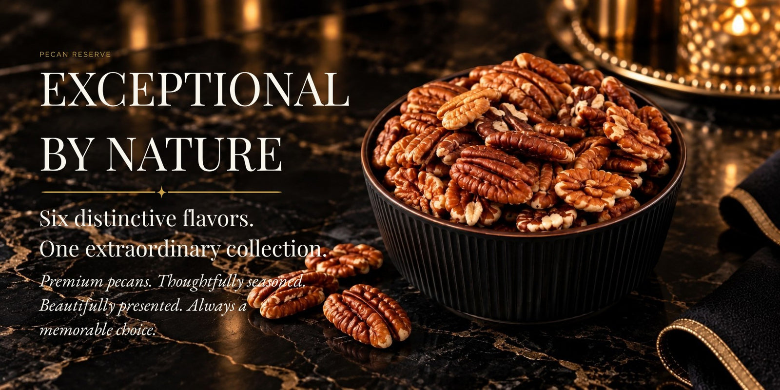 TNT Sweets Pecan Reserve pecans in a black bowl on black and gold marble.