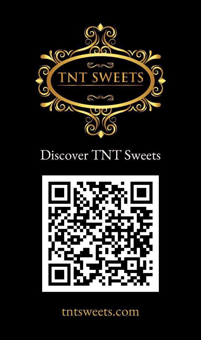 TNT Sweets QR menu card featuring a QR code to scan and shop the complete menu of handcrafted confections, displayed on a white marble surface.