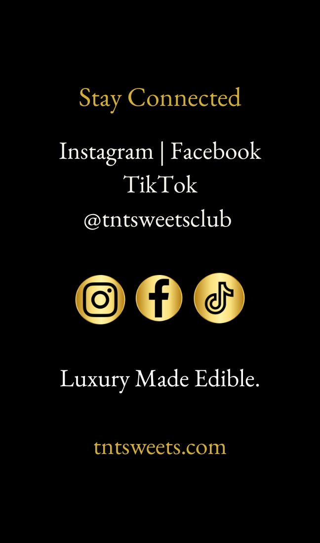 Reverse side of the TNT Sweets QR menu card featuring contact information and official Facebook and Instagram social media accounts, displayed on a white marble surface.