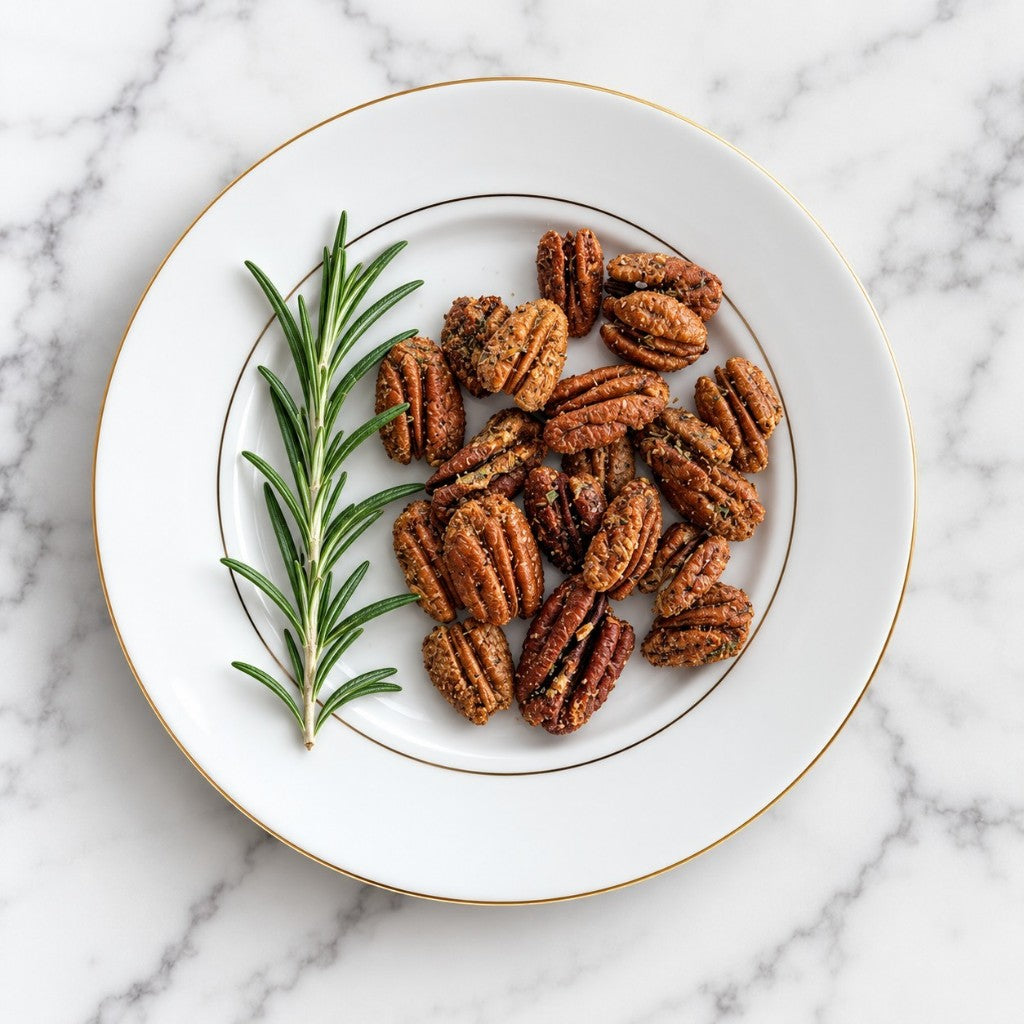 TNT Sweets Rosemary & Herb pecans on a white plate on a white marble background.