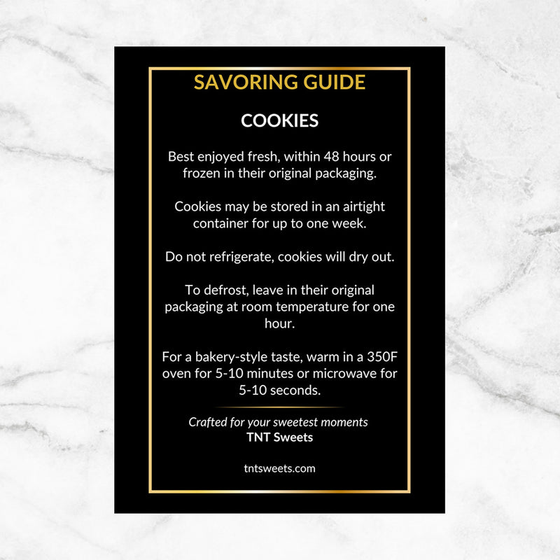 Savoring guide for cookies on a black background with gold text.