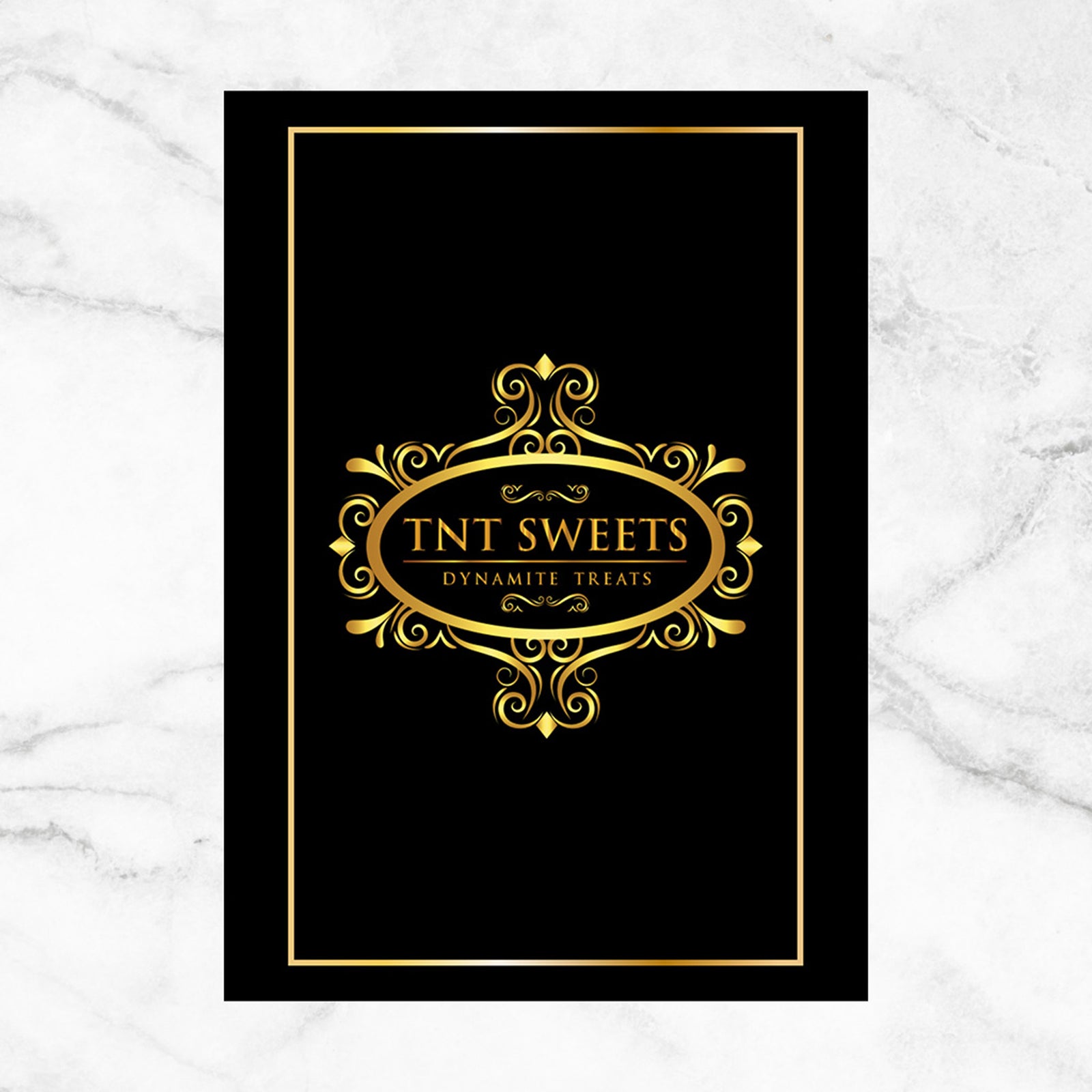 Backside of care instructions for pretzels on a black and gold card on a white marble background. 