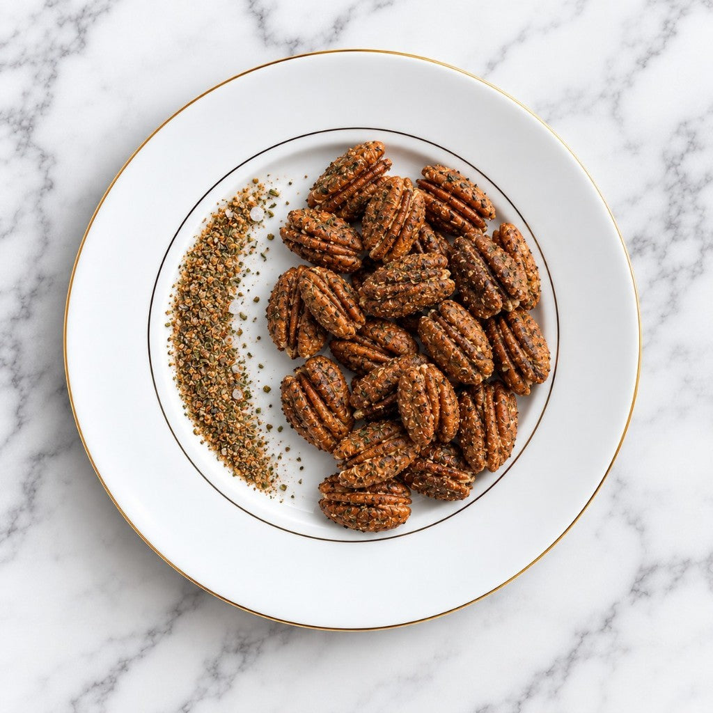 TNT Sweets Savory & Herb pecans on a white plate on a white marble background.