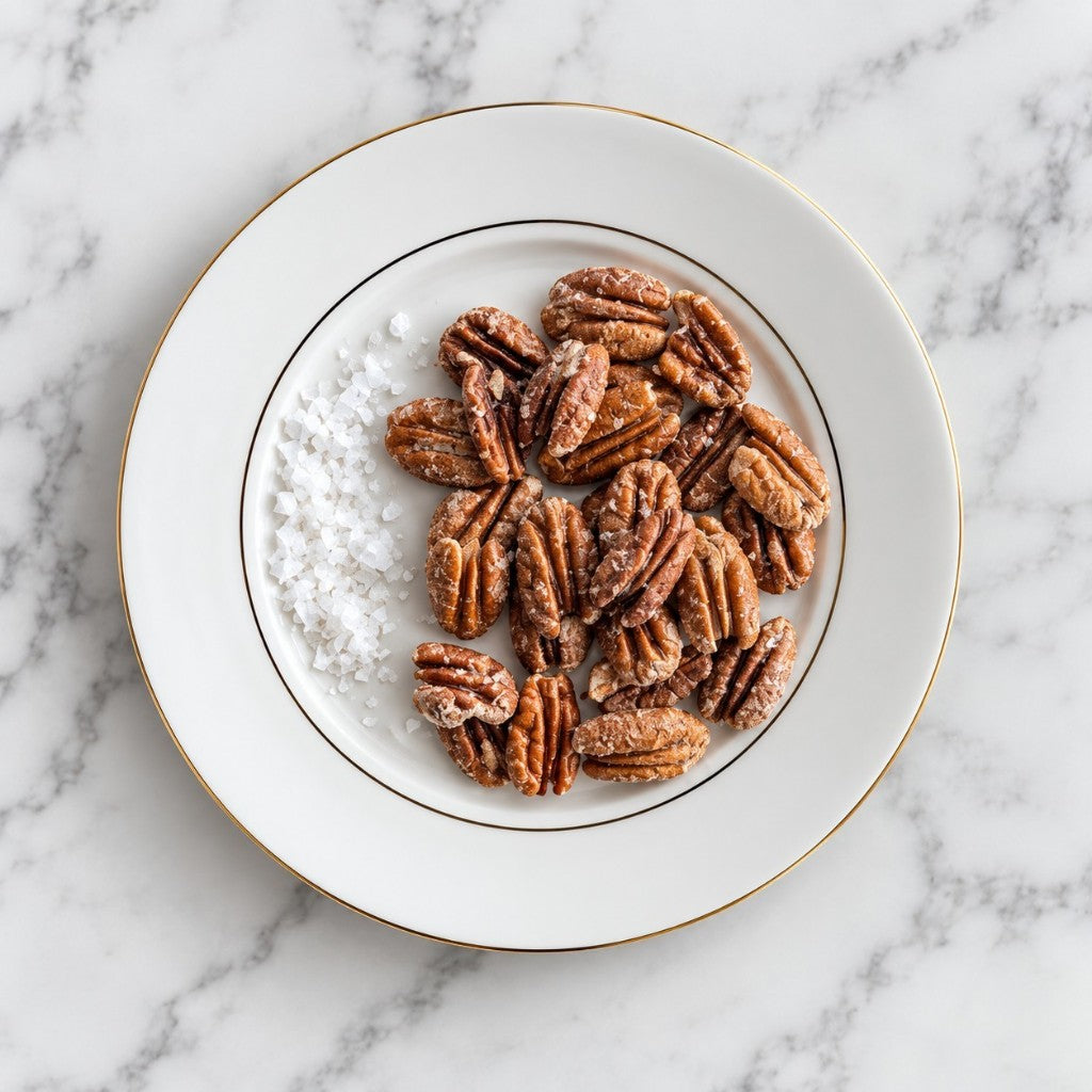 TNT Sweets Sea Salt pecans on a white plate on a white marble background.