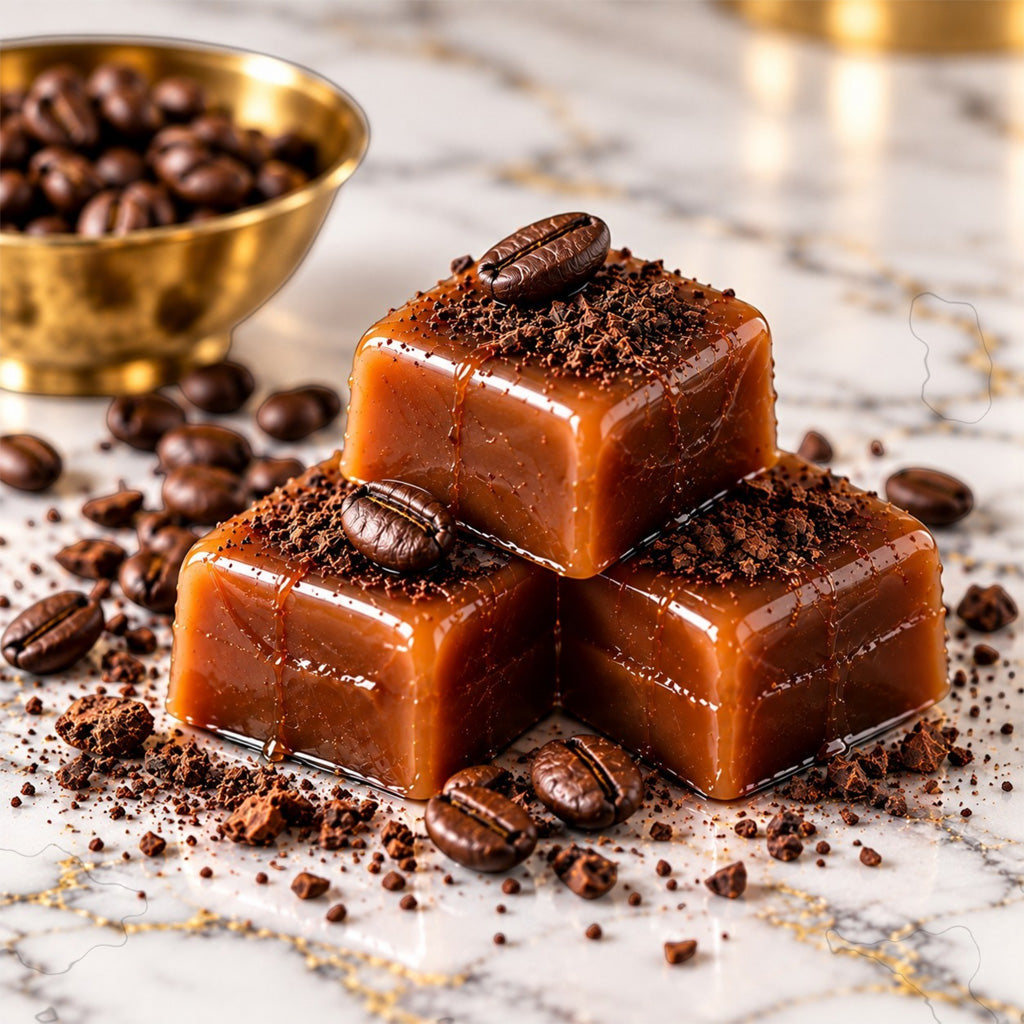 Silk Roast handcrafted espresso caramels with roasted coffee beans on white marble with gold accents.