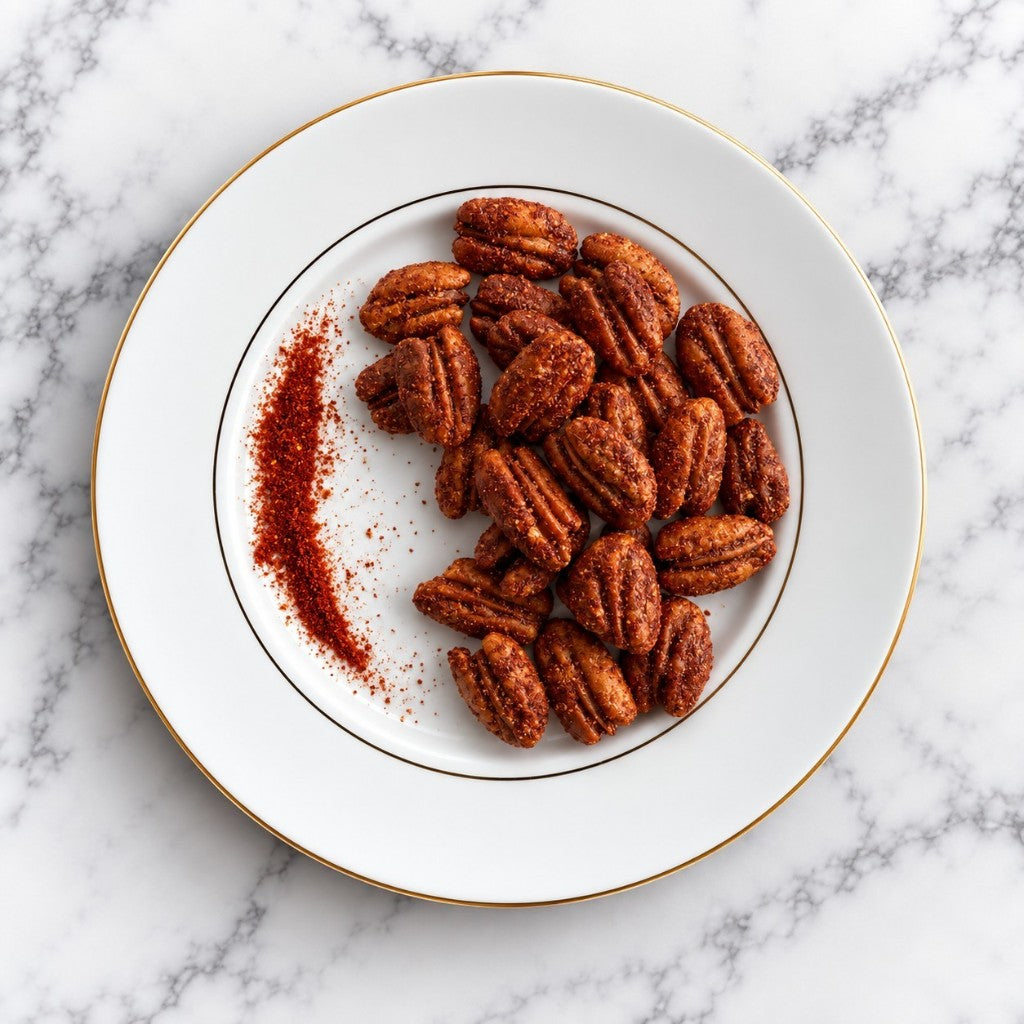 TNT Sweets Smoked Cayenne Pepper pecans on a white plate on a white marble background.