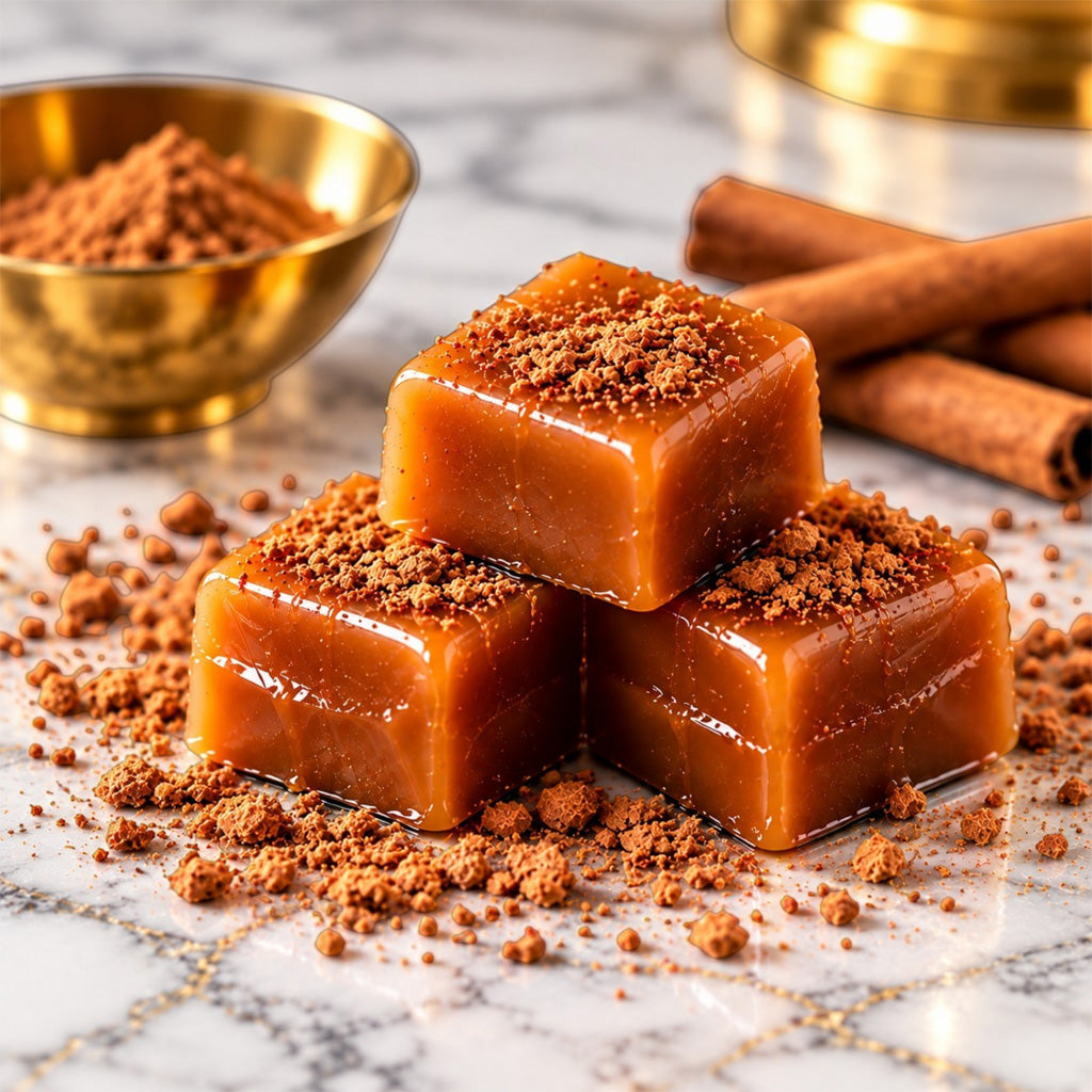 Spiced Ambre handcrafted caramels with Ceylon cinnamon and warm spice accents on white marble.
