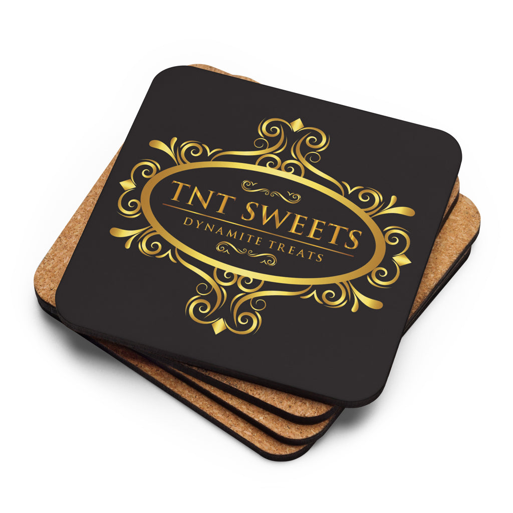 Stack of four black coasters with logo.