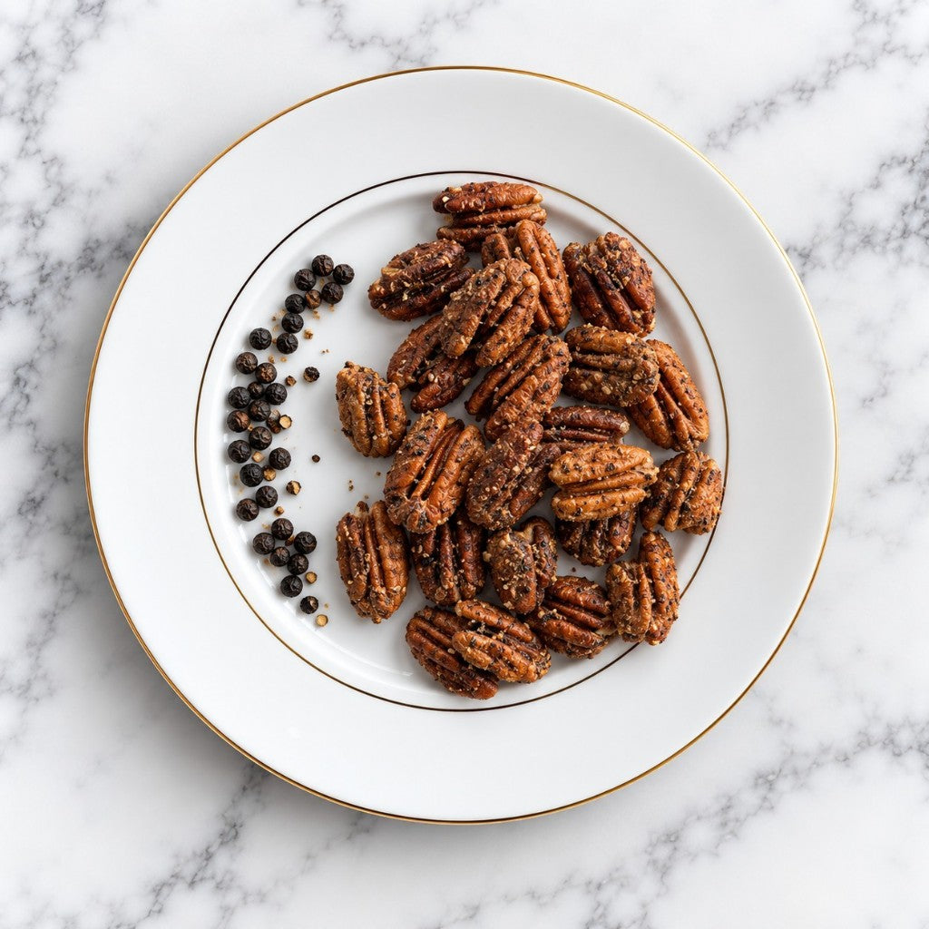 TNT Sweets Tellicherry Pepper pecans on a white plate on a white marble background.