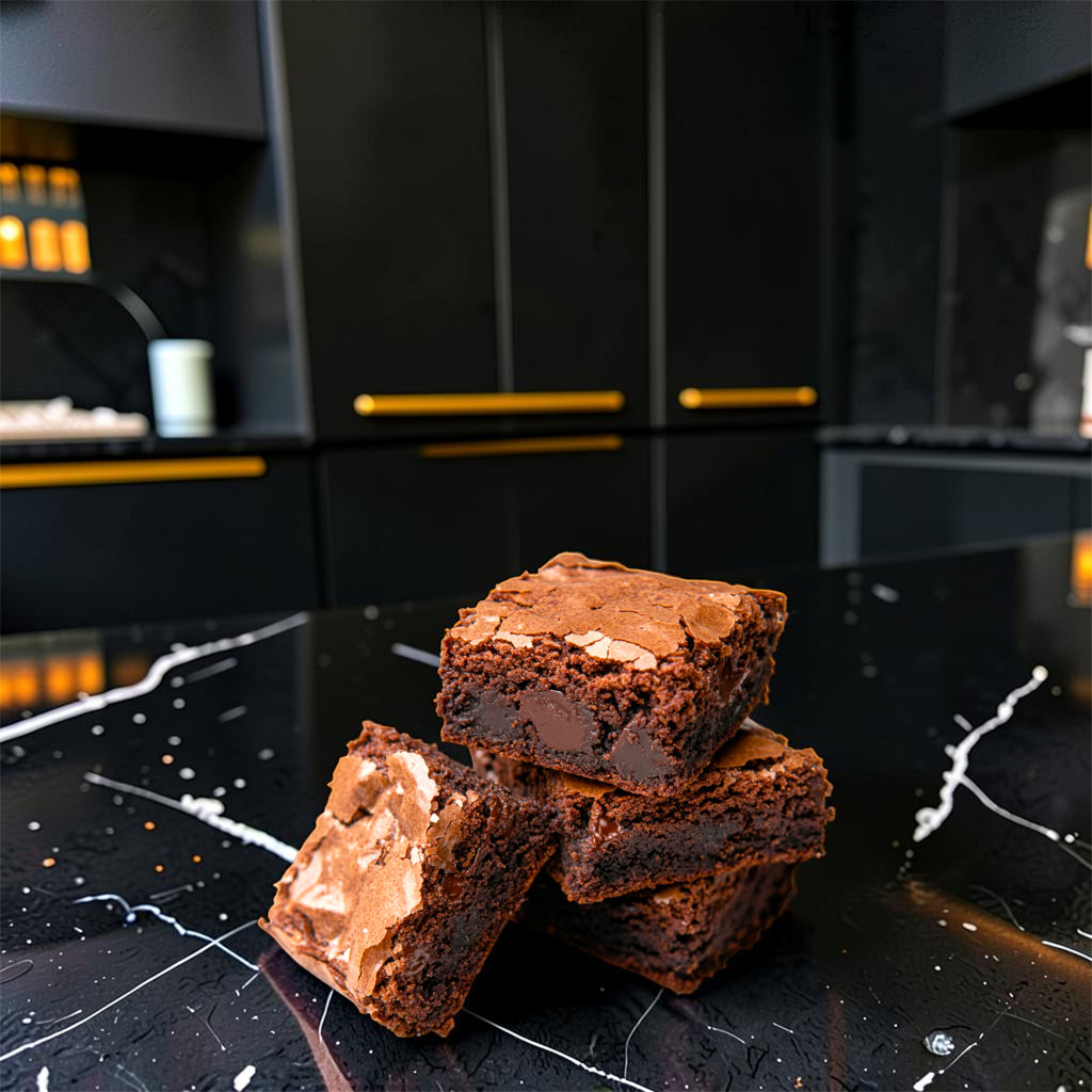 A stack of The Alchemist milk chocolate brownies from TNT Sweets  made with Callebaut Milk Chocolate on a black marble countertop with a modern black and gold kitchen background.