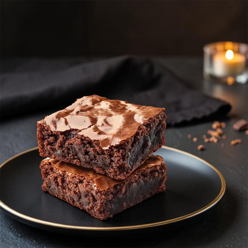 Two Alchemist, milk chocolate brownies by TNT Sweets made with Callebaut Belgian Milk Chocolate and Madagascar vanilla on a black matte plate on a black surface.