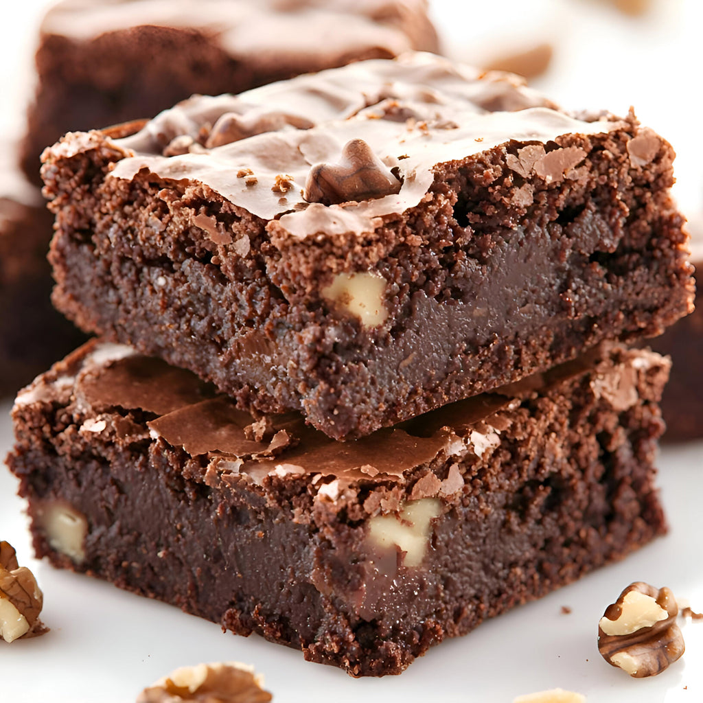 The Alchemist pecan, milk chocolate brownies from TNT Sweets made with Callebaut Belgian milk chocolate and San Saba Texas pecans, gluten-free on a white surface.