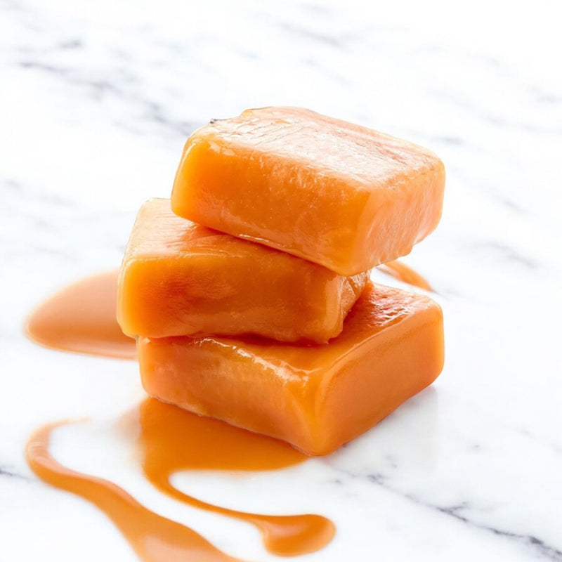 Three Amber Velvet caramels from TNT Sweets made with premium European butter stacked on a marble surface with a caramel swirl.