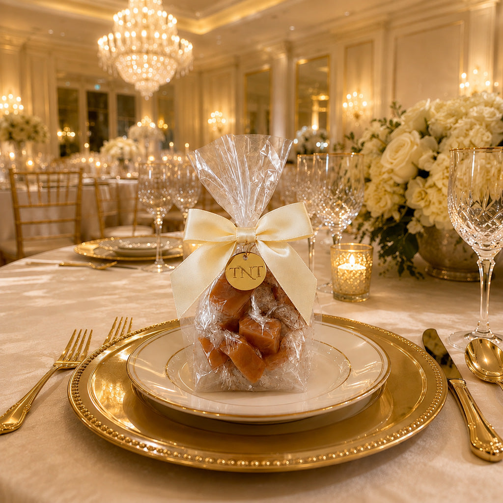 TNT Sweets Amber Velvet caramel flavor with ivory satin ribbon and gold medallion at an elegant gold and ivory reception place setting.