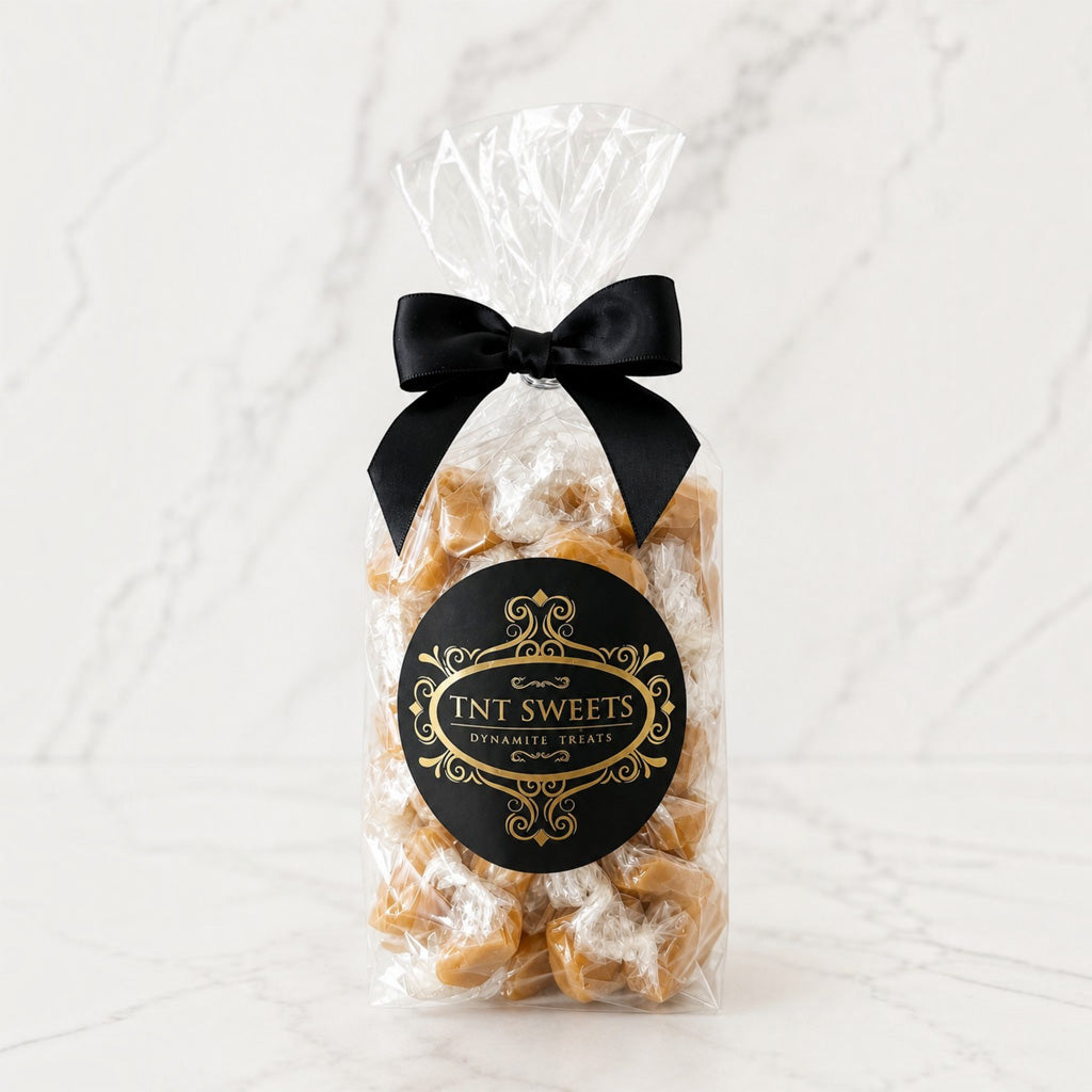 Clear one-pound bag of Amber Velvet sea salt caramels, finished with a black satin bow and black-and-gold TNT Sweets label.