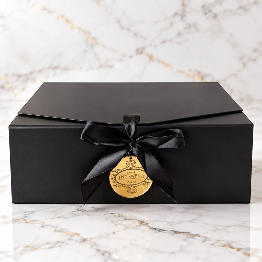 Closed Black Tie Curation gift box in matte black, tied with a black satin bow and a gold TNT Sweets medallion, on white and gold marble.