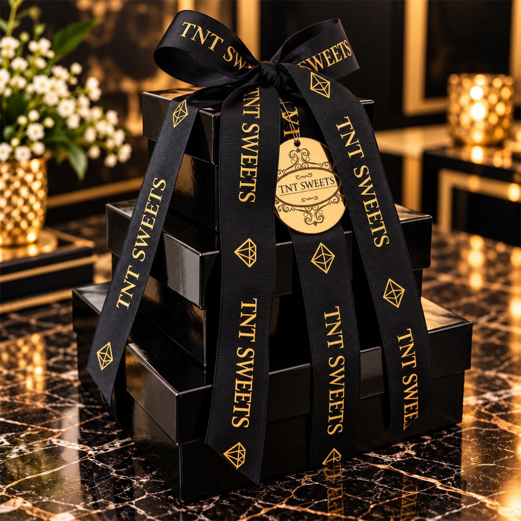 Three-tier TNT Sweets Black Tie Tower with glossy black keepsake boxes, black-and-gold TNT Sweets ribbon, and gold medallion on dark marble.
