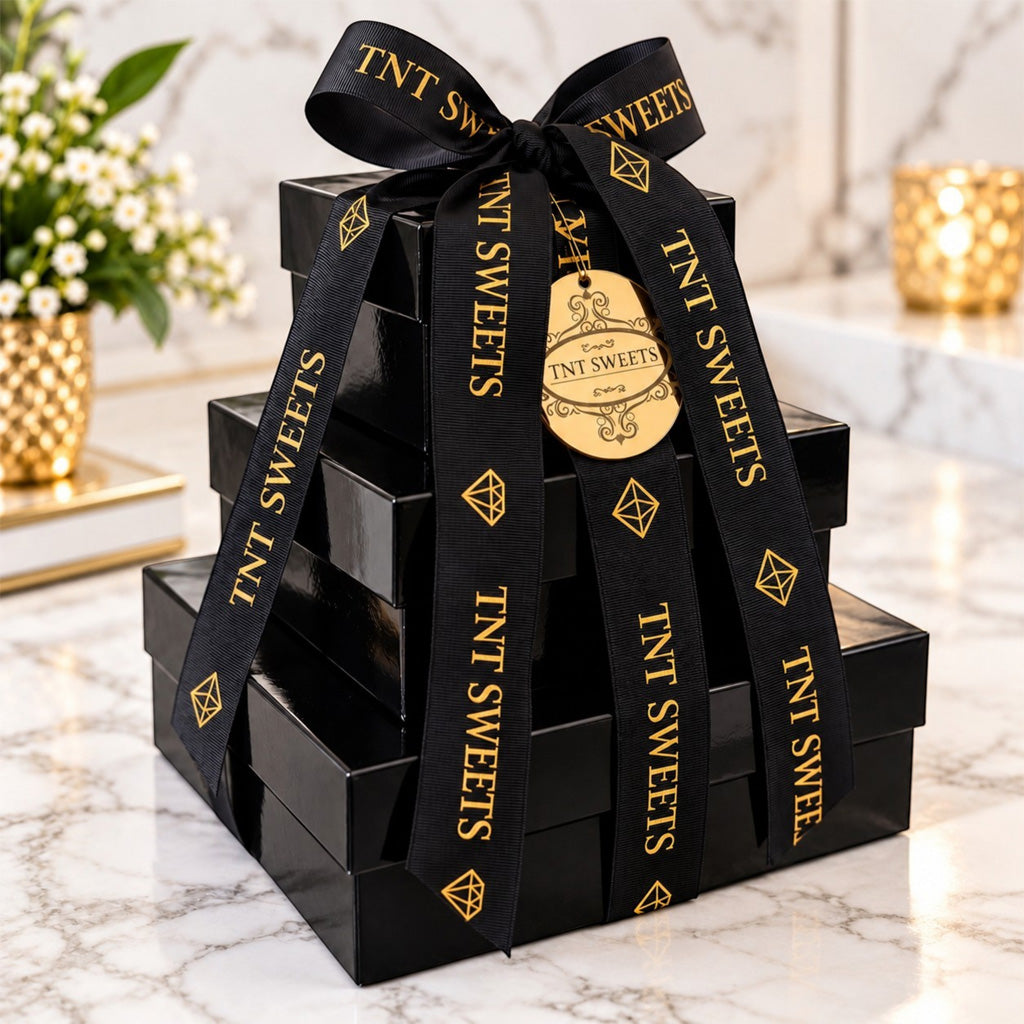 Black Tie Tower of three stacked glossy black keepsake boxes, tied with black ribbon printed with TNT Sweets and gold diamond motifs, finished with a gold TNT Sweets medallion.        
