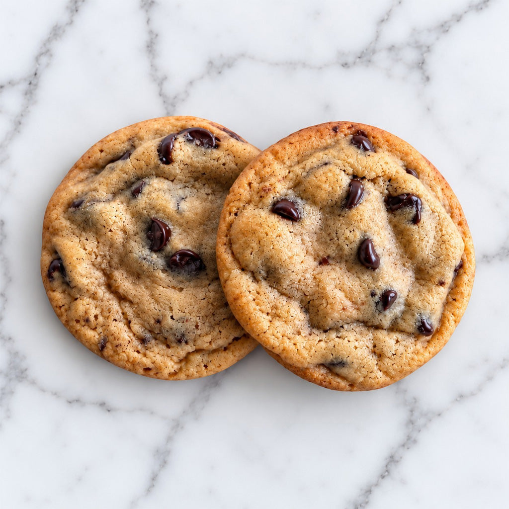 Two Cashmere chocolate chip cookies made with Guittard chocolate chips, Madagascar vanilla on a white marble background.