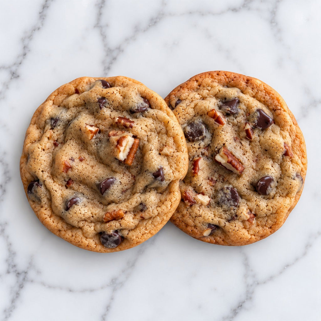Two Cashmere Pecan chocolate chip cookies made with Guittard chocolate chips, Madagascar vanilla and San Saba pecans on a white marble background.
