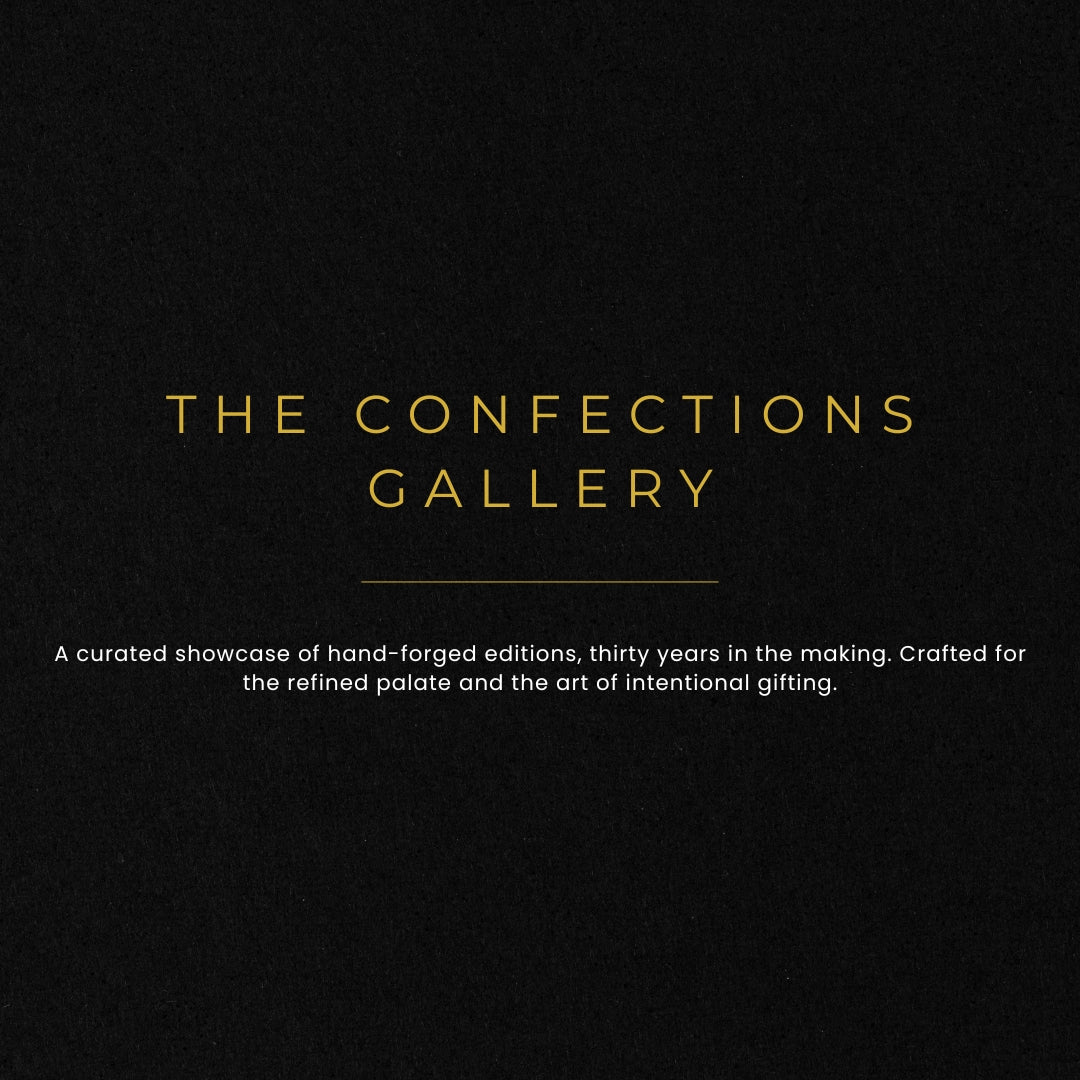 Black background with gold text 'The Confections Gallery' and description.