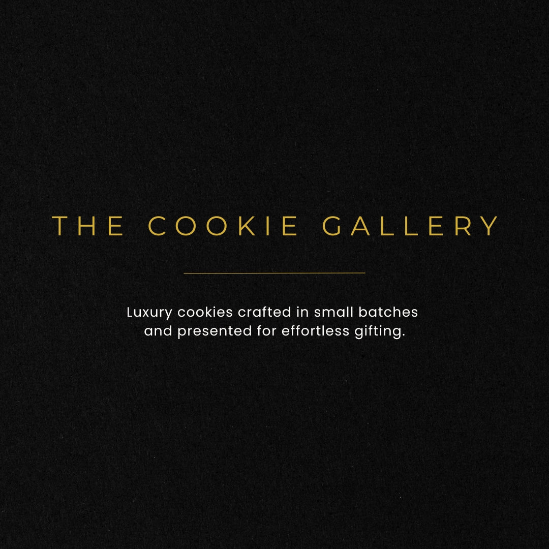 Black background with gold text 'The Cookie Gallery' and description of luxury cookies.
