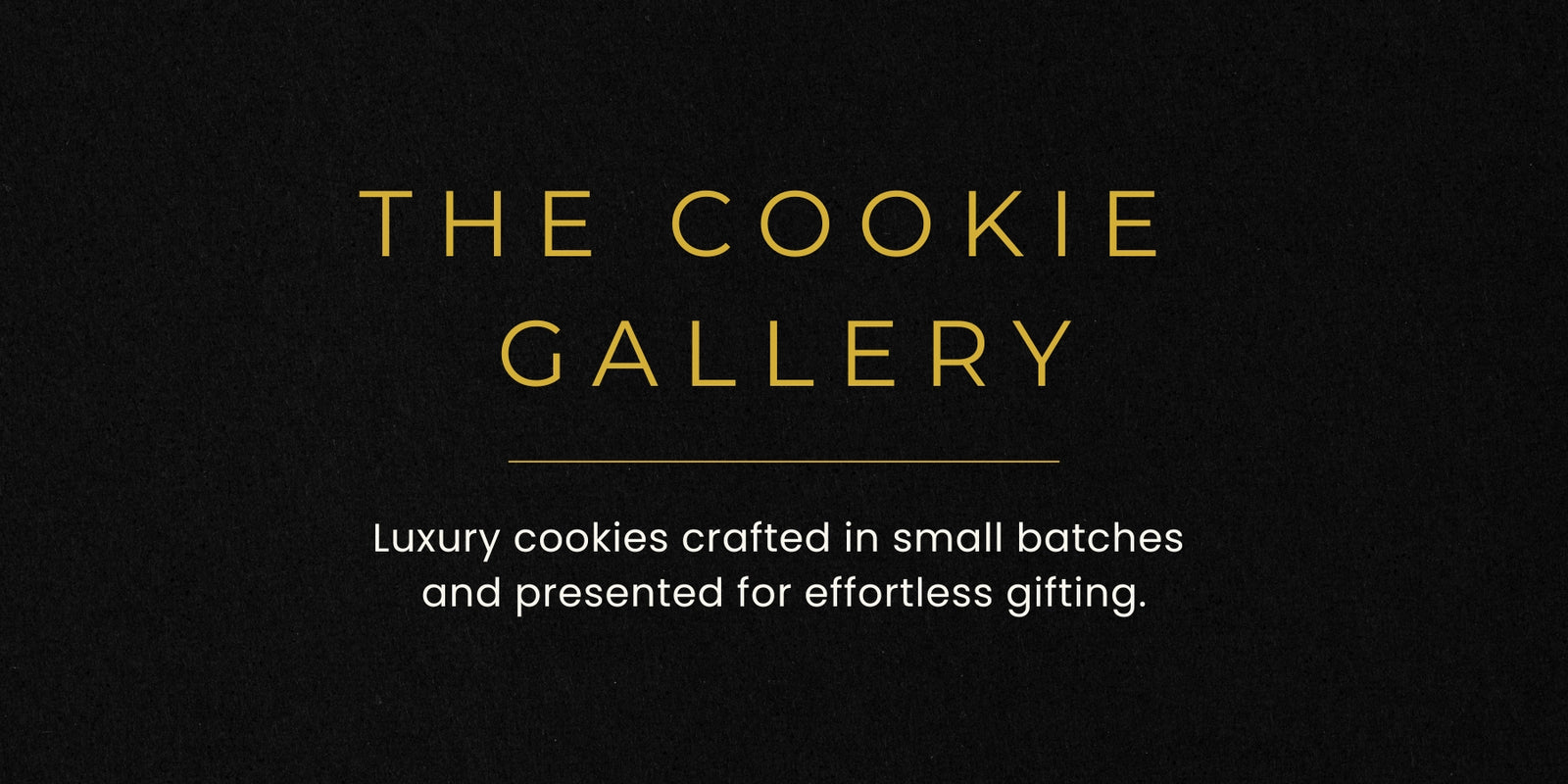 Black background with gold text 'The Cookie Gallery' and white text describing cookie craftsmanship.