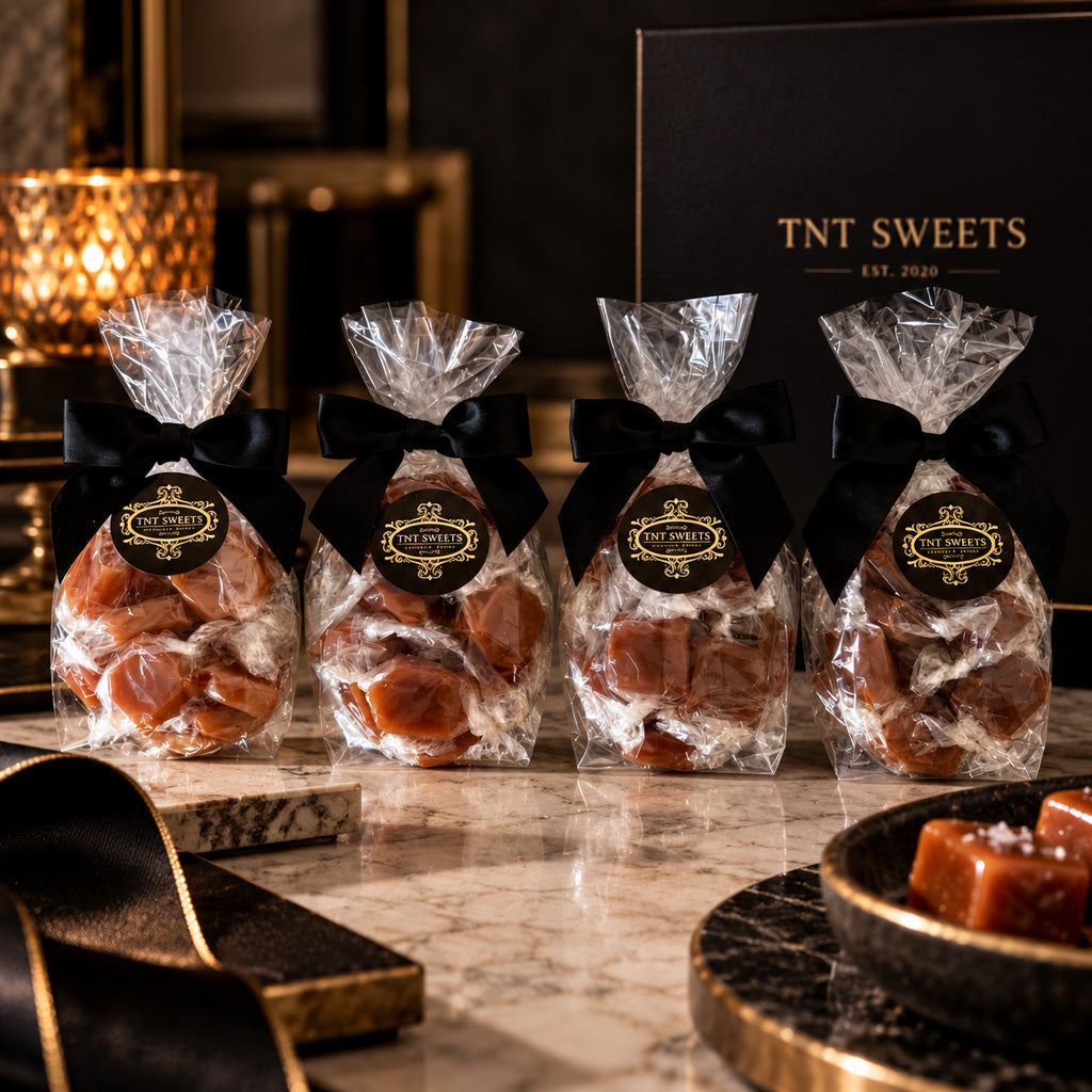 The Crescendo 15-piece caramel flight featuring Amber Velvet, Velvet Heat, Spiced Ambré, and Silk Roast on cream marble backgriund with salted caramels on a plate.