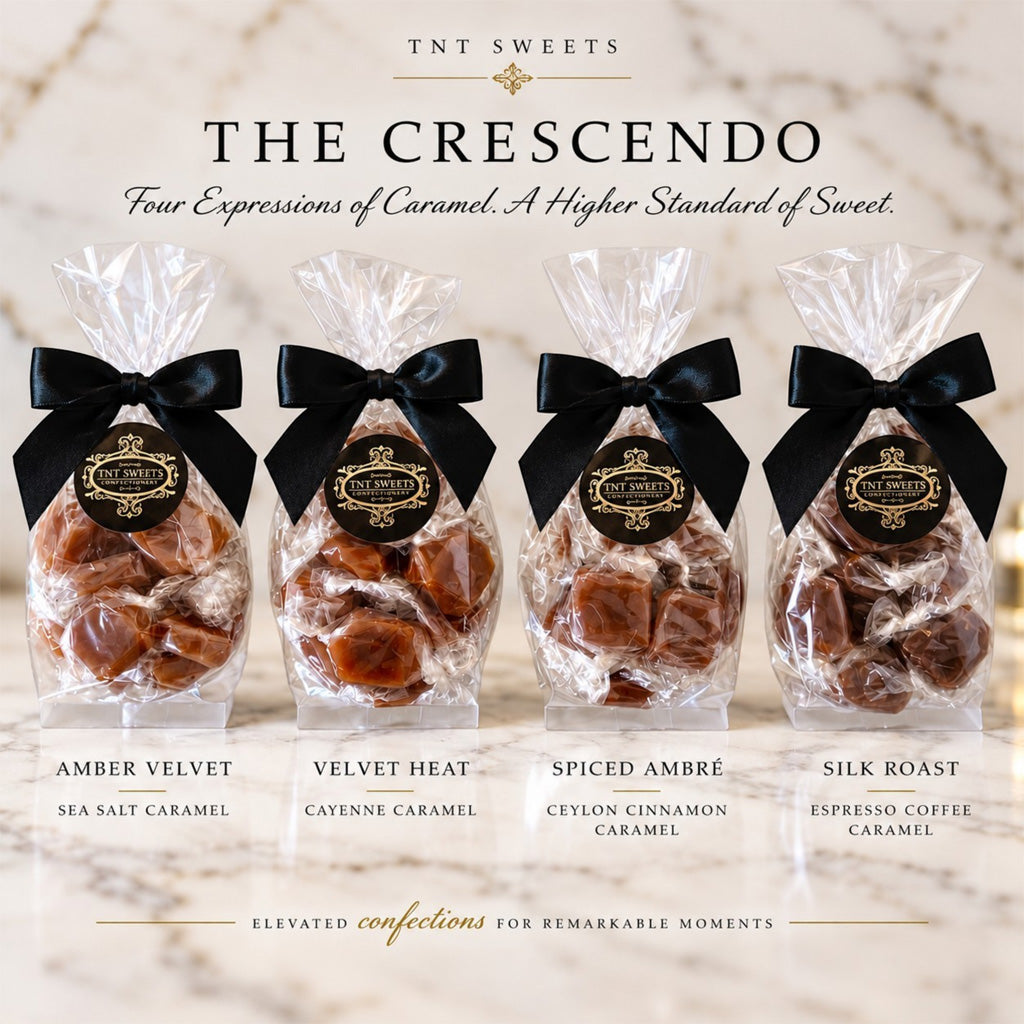 The Crescendo 15-piece caramel flight featuring Amber Velvet, Velvet Heat, Spiced Ambré, and Silk Roast on a cream marble background.