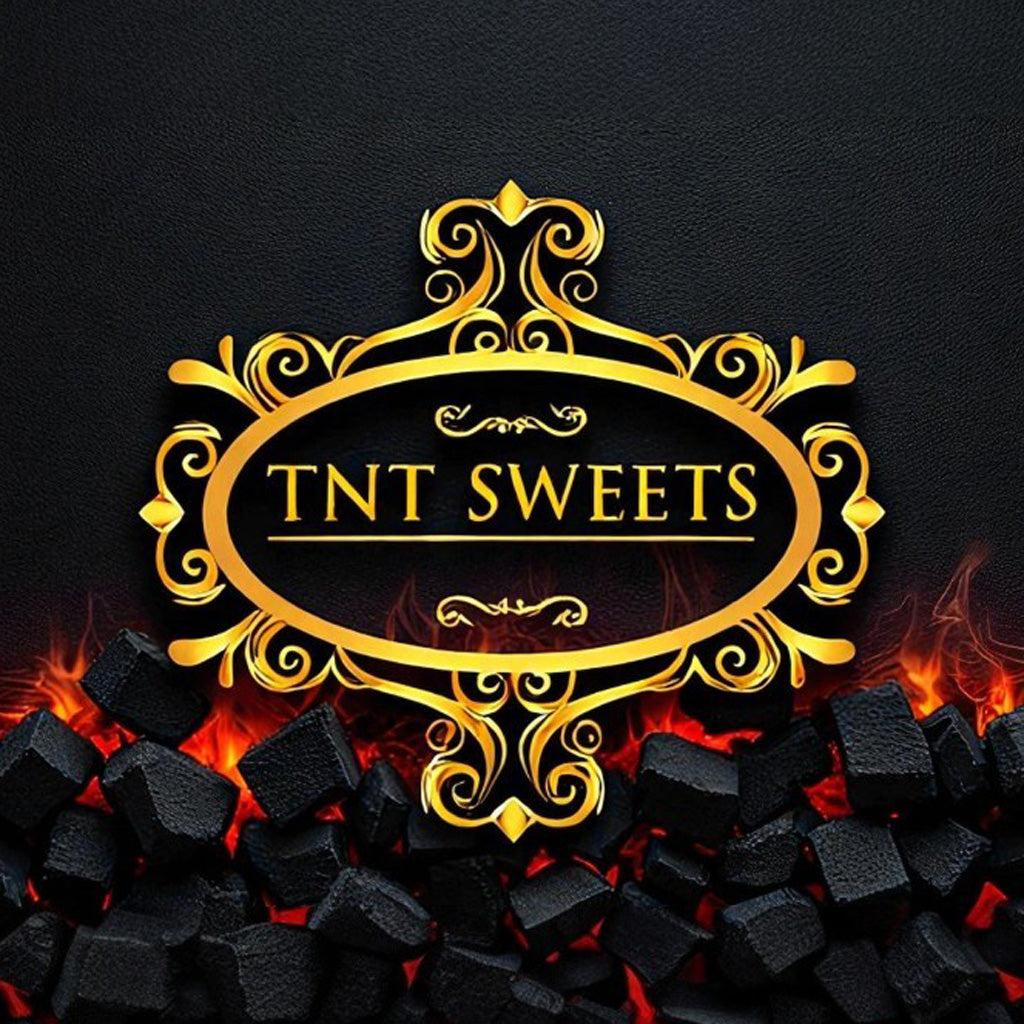 Decorative logo for TNT Sweets with gold design on a black background with fire elements.