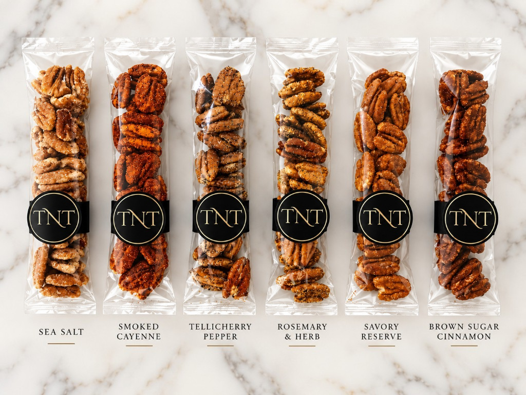 Six Pecan Reserve flavors in individual sleeves: Sea Salt, Smoked Cayenne, Tellicherry Pepper, Rosemary & Herb, Savory Reserve, and Brown Sugar Cinnamon.