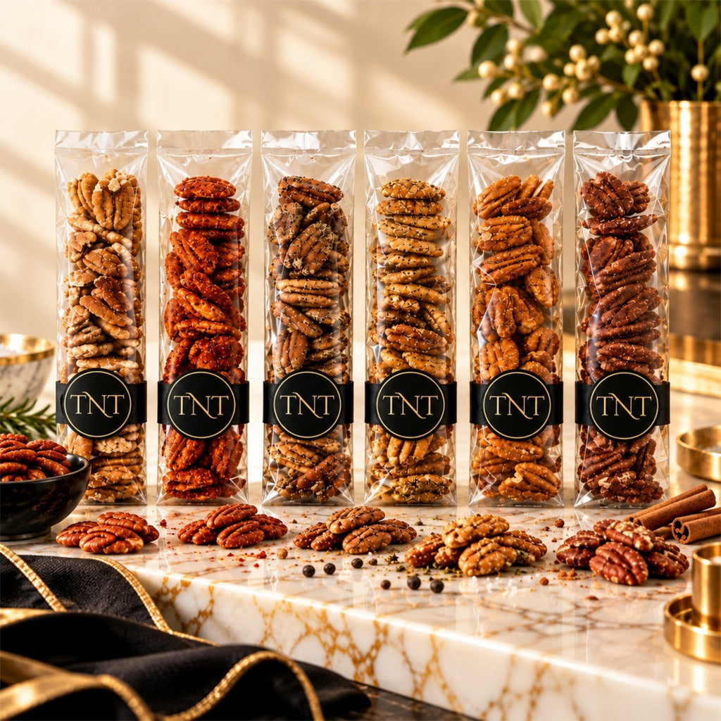 Six TNT Sweets Pecan Reserve flavors in signature black and gold packaging on a cream marble display.