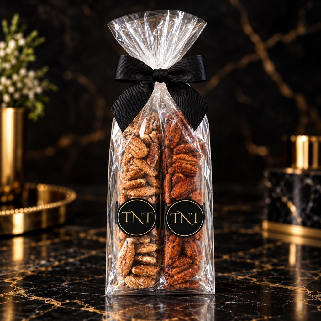 TNT Sweets, The Ensemble pecan flight on a black and gold background. 
