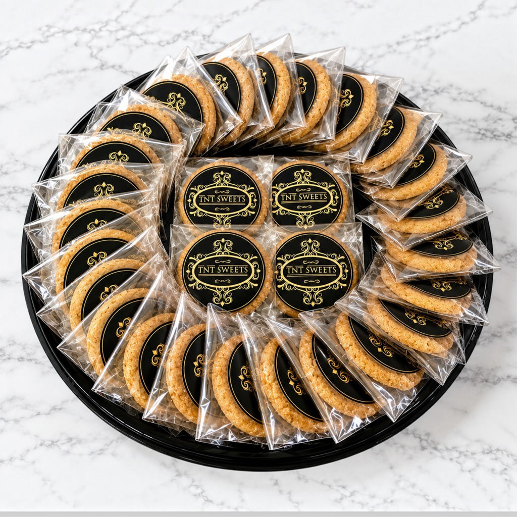 The Grand II 36 count cookie assortment on a black platter individually wrapped with the TNT Sweets seal on a white marble background. 