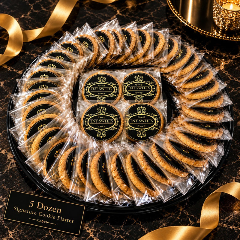 The Grand II 60 count cookie assortment on a black platter individually wrapped with the TNT Sweets seal on a black marble background with gold ribbon swirls.