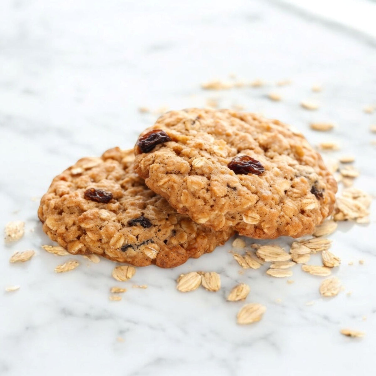 Two oatmeal raisin cookies on a marble surface with scattered oats.