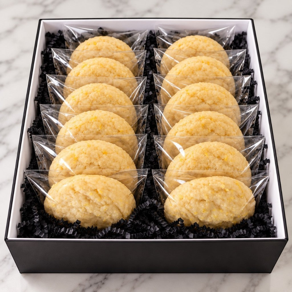 The Lumière Lemon Cookie 12 count in the black keepsake box  with black shred on a white marble background.