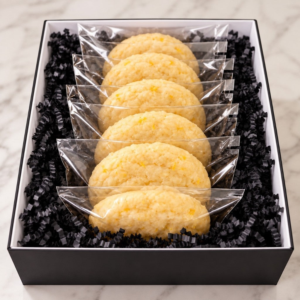 The Lumière Lemon Cookie 6 count in the black keepsake box  with black shred on a white marble background.