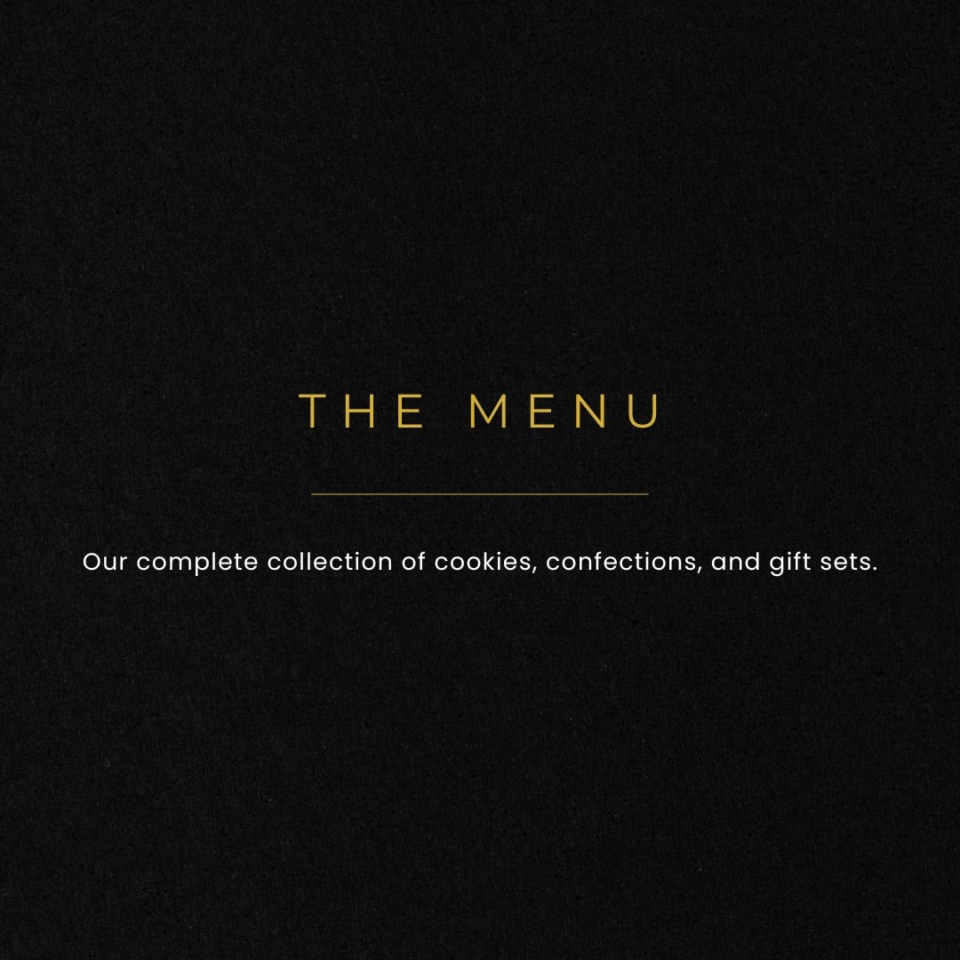 Black background with gold text 'THE MENU' and description of cookie and confection collection.