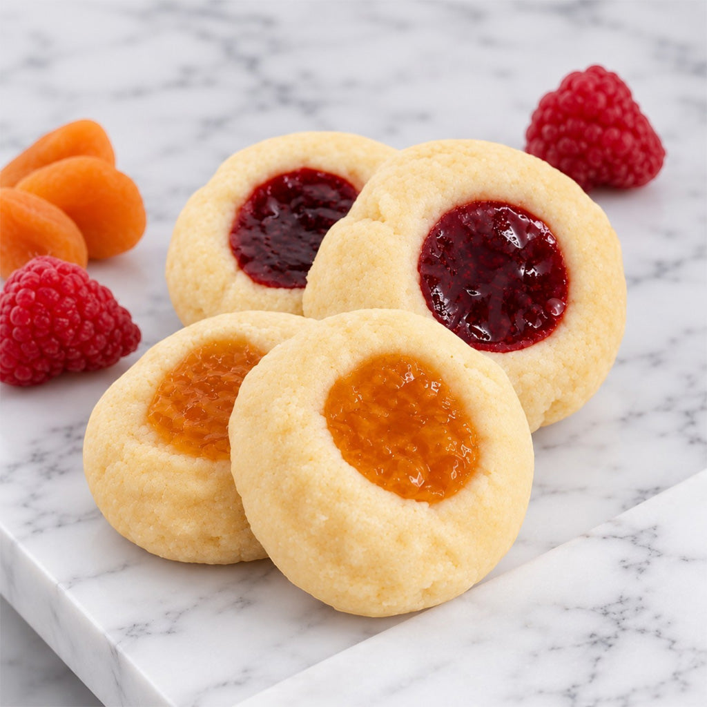 The Orchard Preserve, Golden Apricot and Crimson Raspeberry thumbprint cookies on a white marble background with scattered raspberries and apricots.