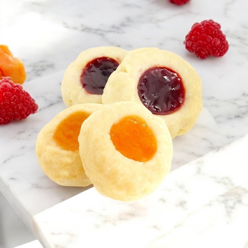 Two Golden Apricot and two Crimson Raspberry thumbprint cookies made with premium European butter on a marble surface with scattered apricots and raspberries. 