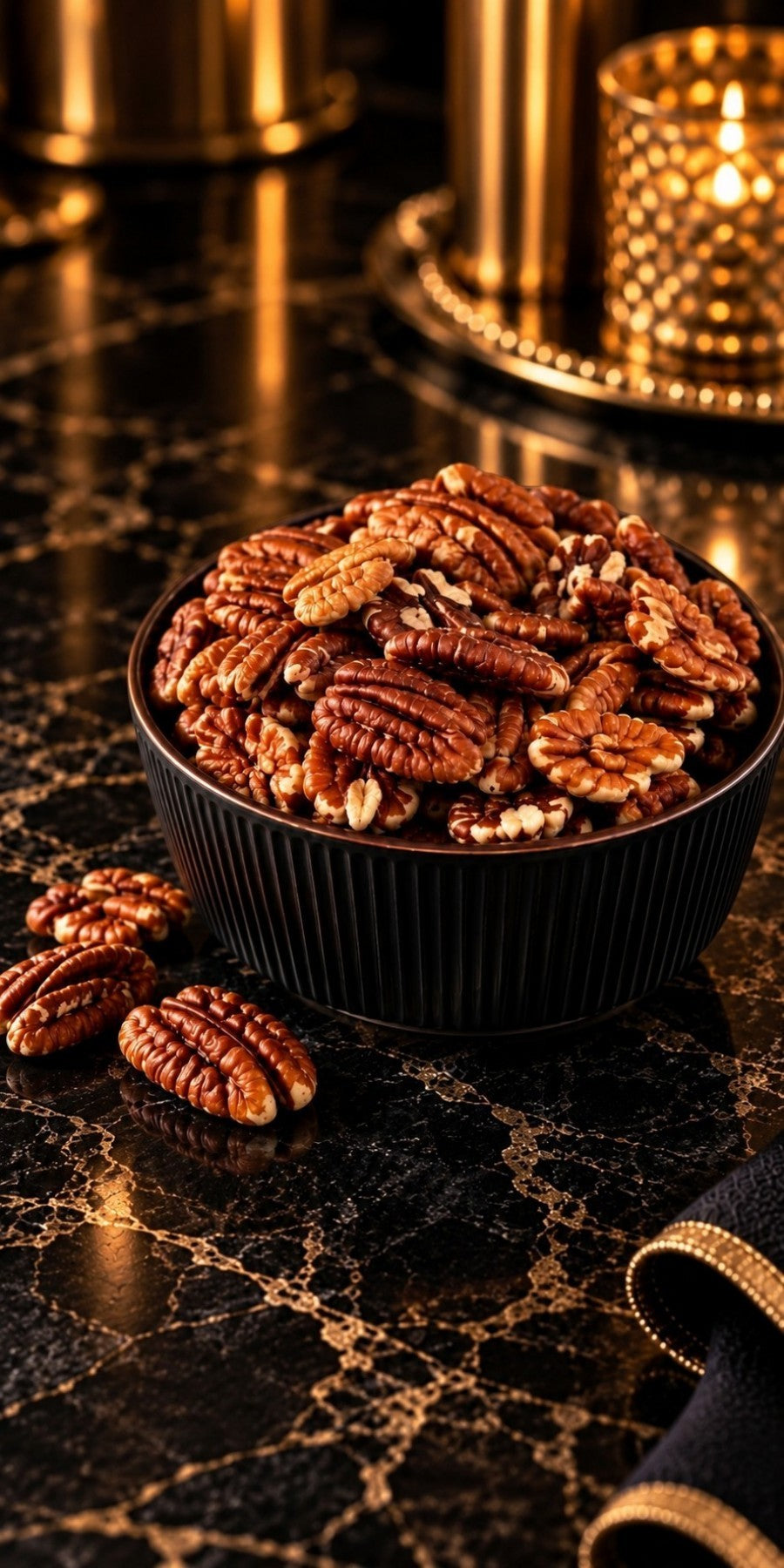 TNT Sweets Pecan Reserve pecans in a black bowl on black and gold marble.