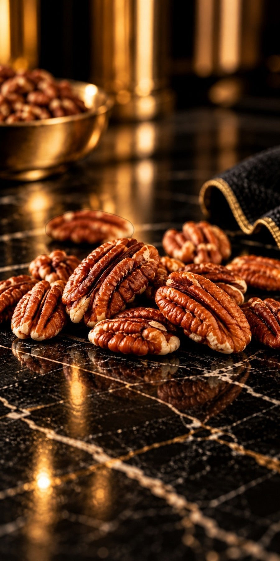 TNT Sweets San Saba pecans scattered on a black and gold marble surface with gold accents. 